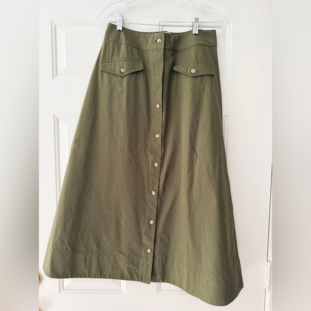 Tuckernuck Button-Front Olive Green A-Line Skirt